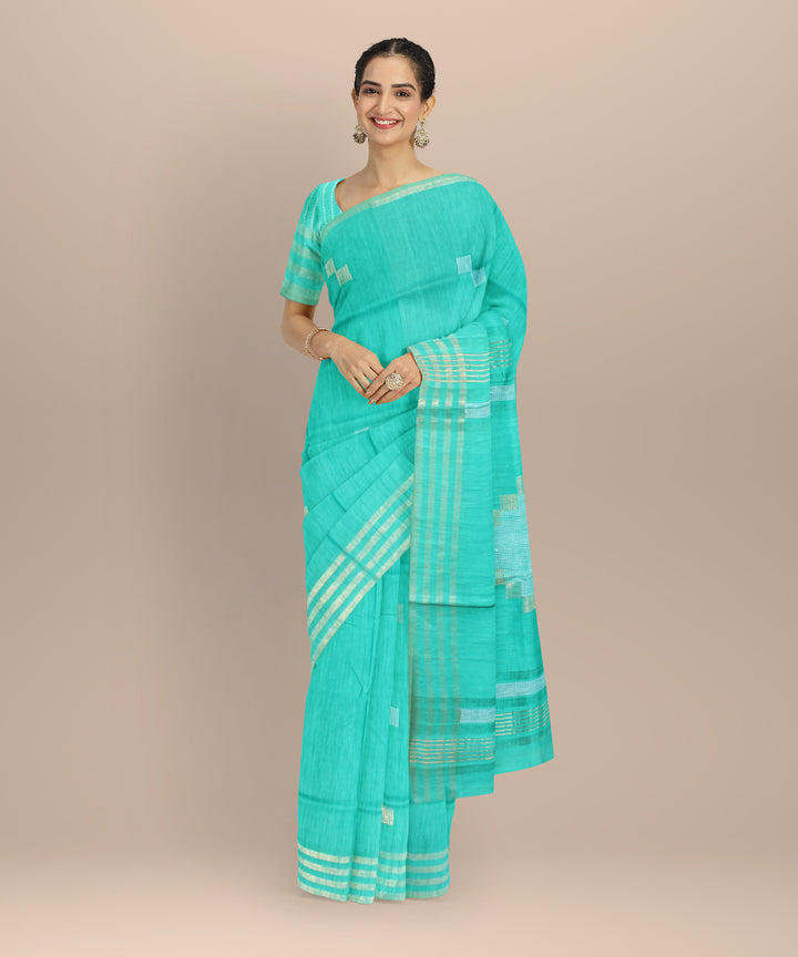 Cyan green striped border raw silk handloom bhagalpur saree