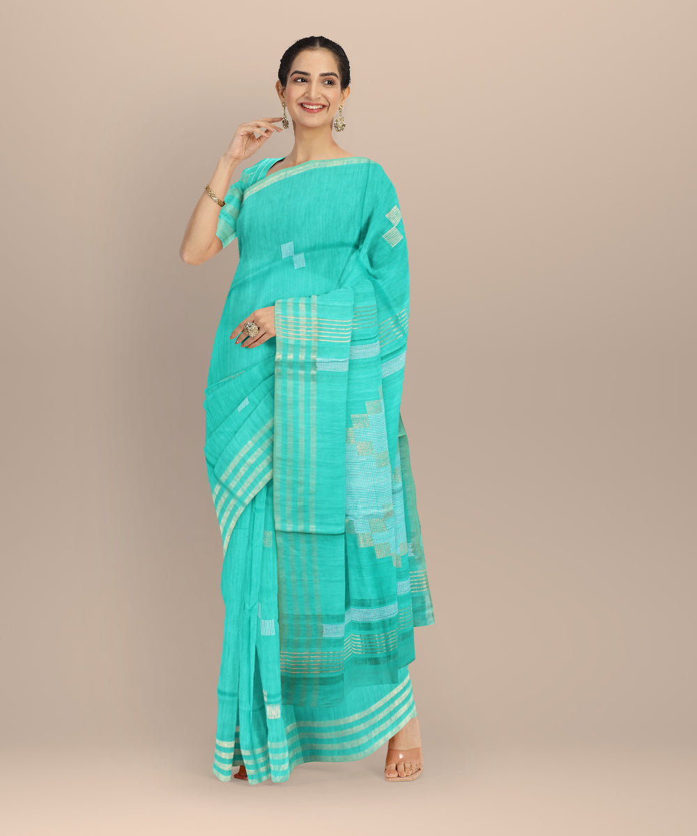 Cyan green striped border raw silk handloom bhagalpur saree