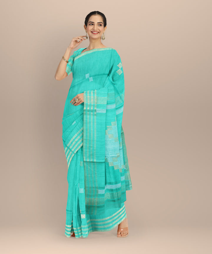 Cyan green striped border raw silk handloom bhagalpur saree