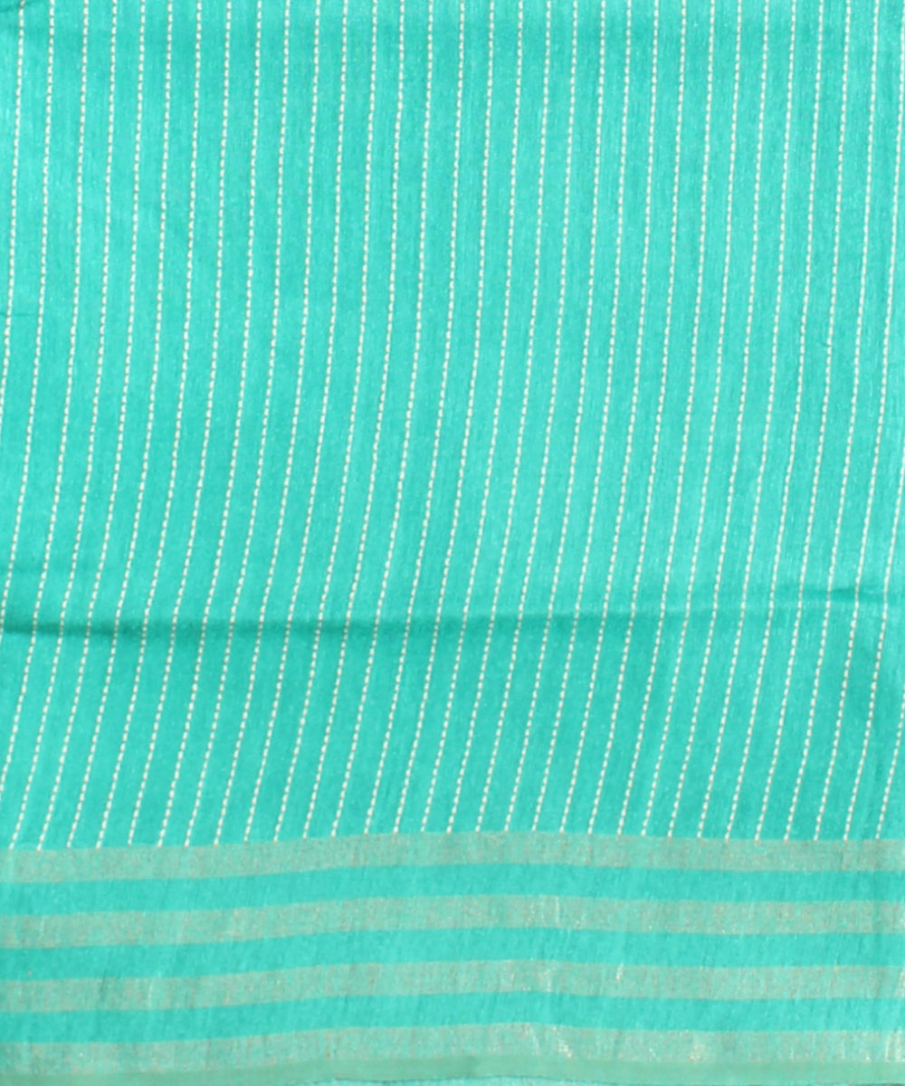 Cyan green striped border raw silk handloom bhagalpur saree