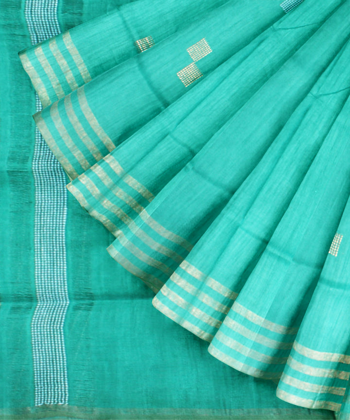 Cyan green striped border raw silk handloom bhagalpur saree