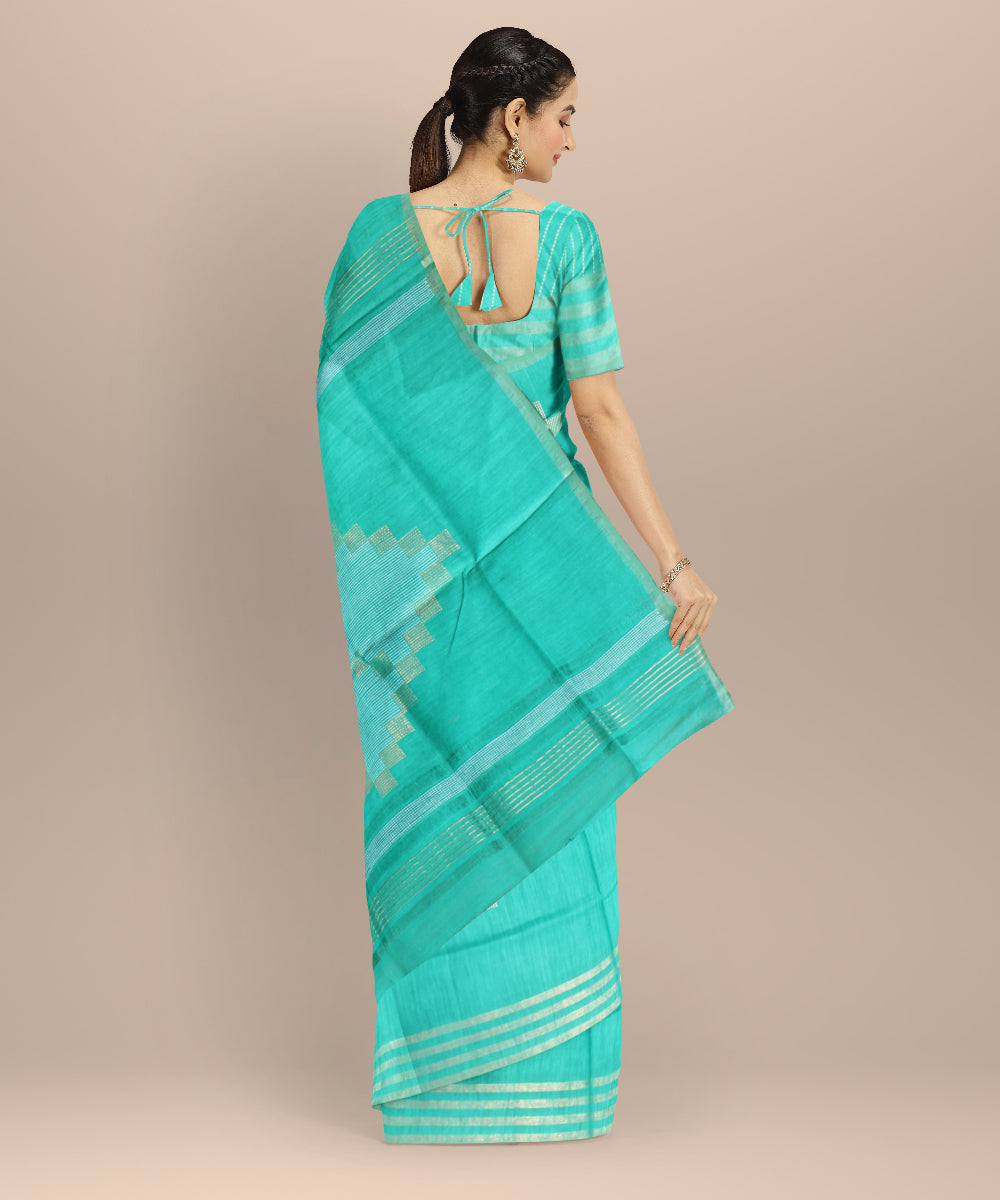 Cyan green striped border raw silk handloom bhagalpur saree