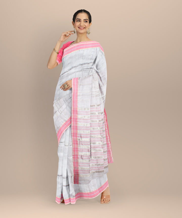 Grey pink raw silk hand loom bhagalpur saree