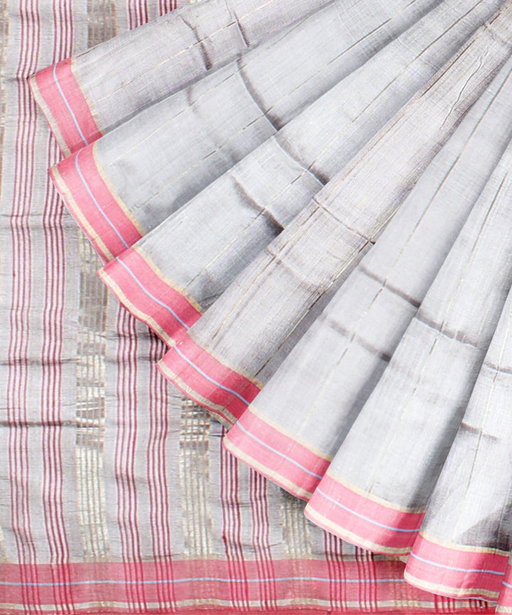 Grey pink raw silk hand loom bhagalpur saree