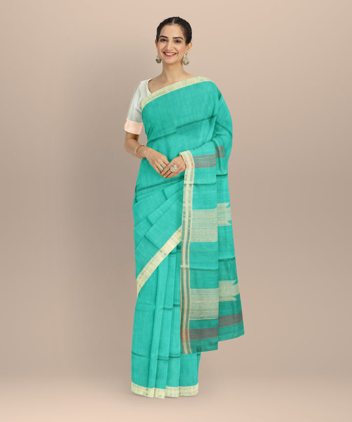 Cyan green grey raw silk handloom bhagalpur saree