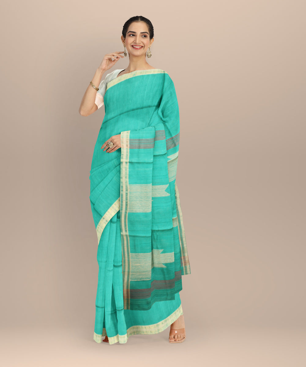 Cyan green grey raw silk handloom bhagalpur saree