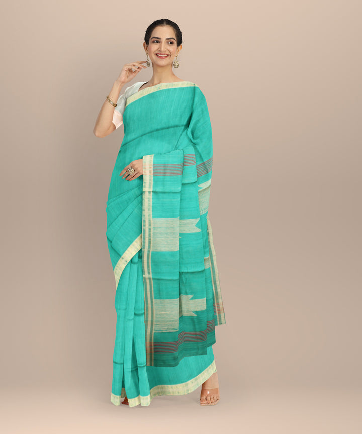 Cyan green grey raw silk handloom bhagalpur saree