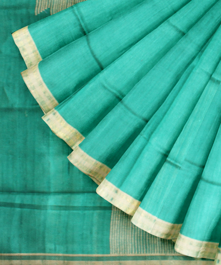 Cyan green grey raw silk handloom bhagalpur saree
