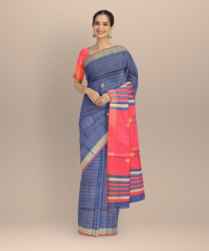 Navy blue pink striped raw silk hand loom bhagalpur saree