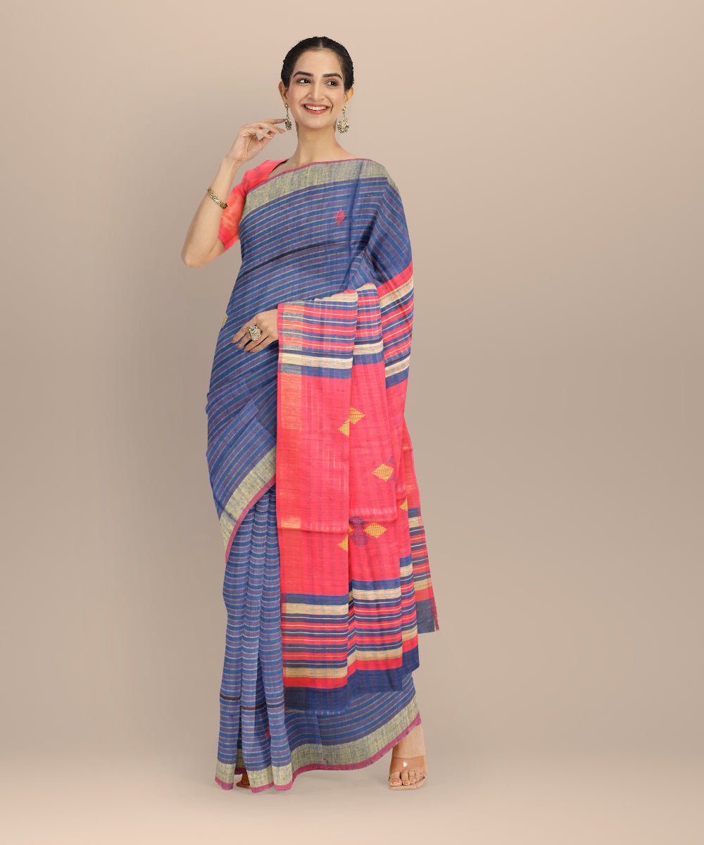 Navy blue pink striped raw silk hand loom bhagalpur saree