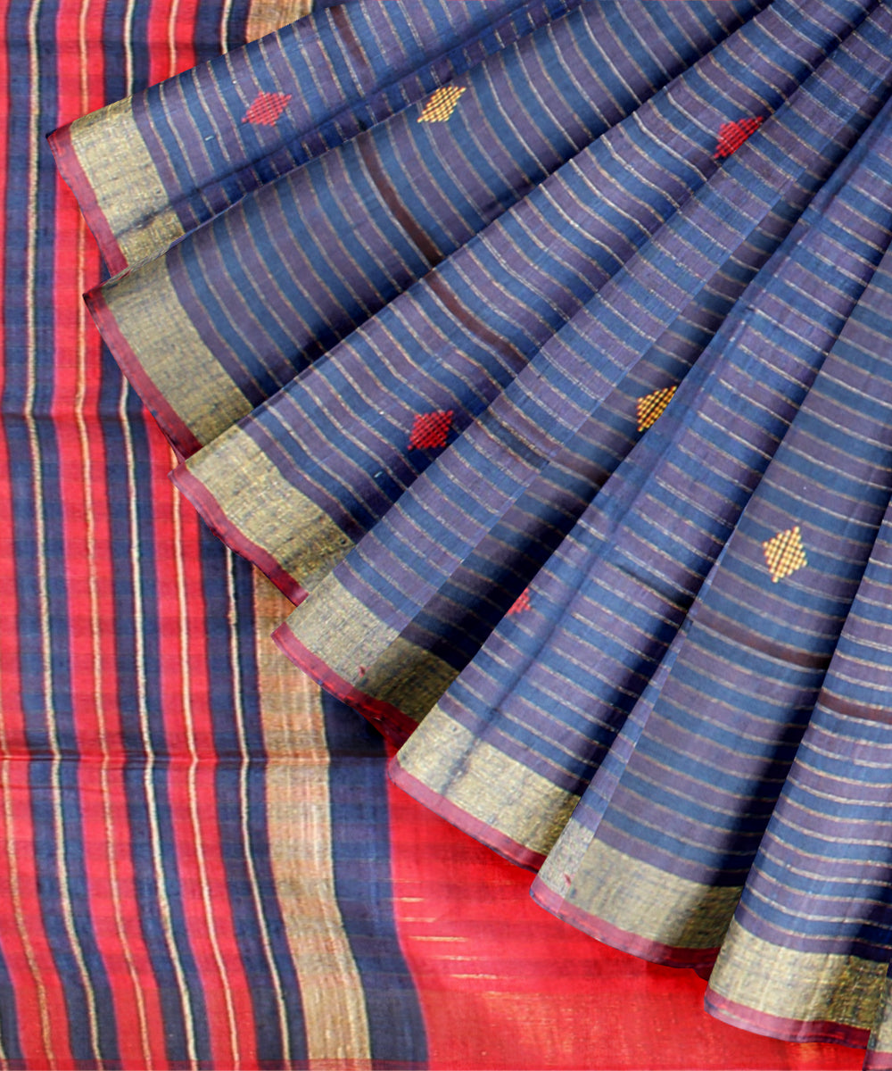 Navy blue pink striped raw silk hand loom bhagalpur saree