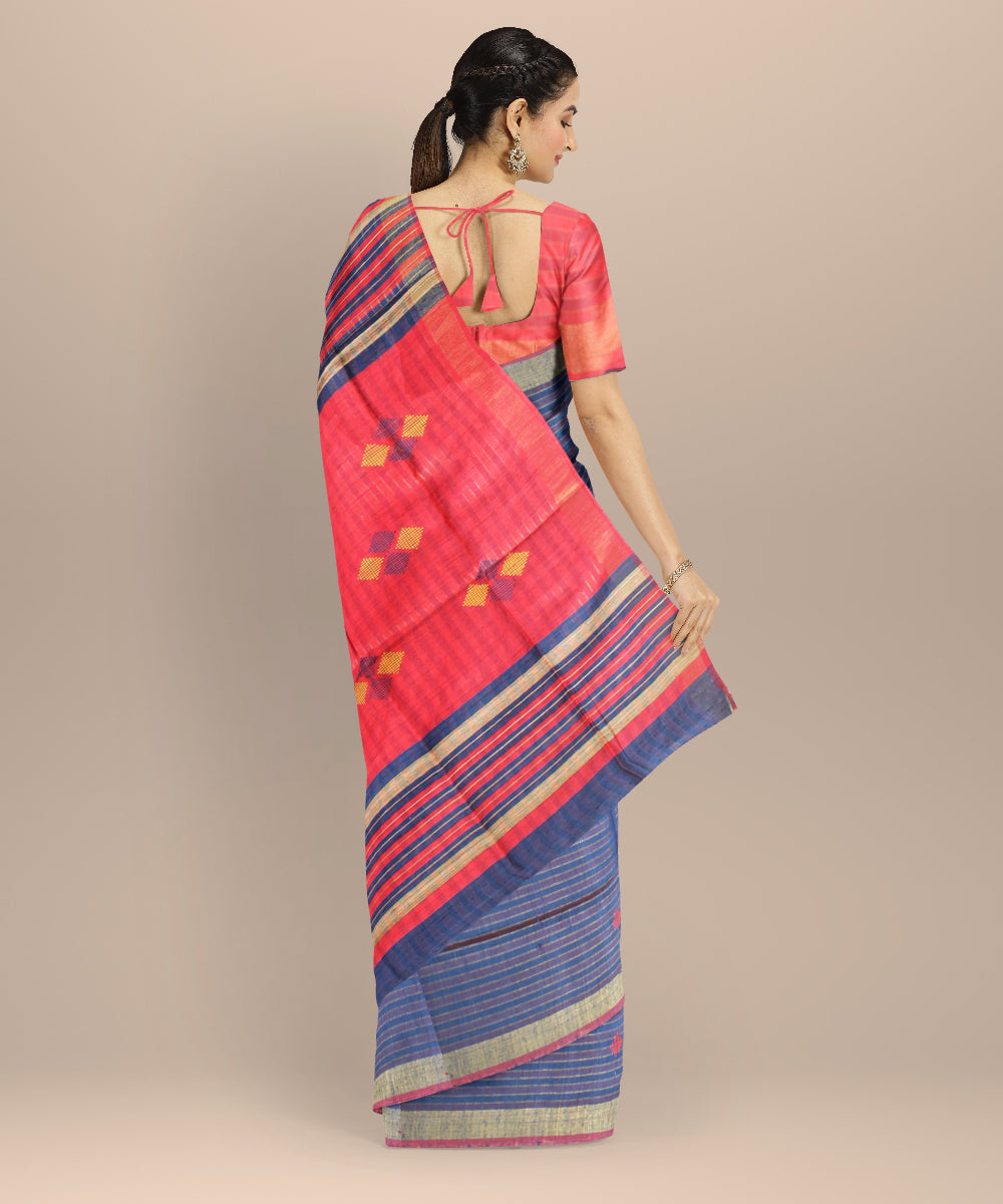 Navy blue pink striped raw silk hand loom bhagalpur saree