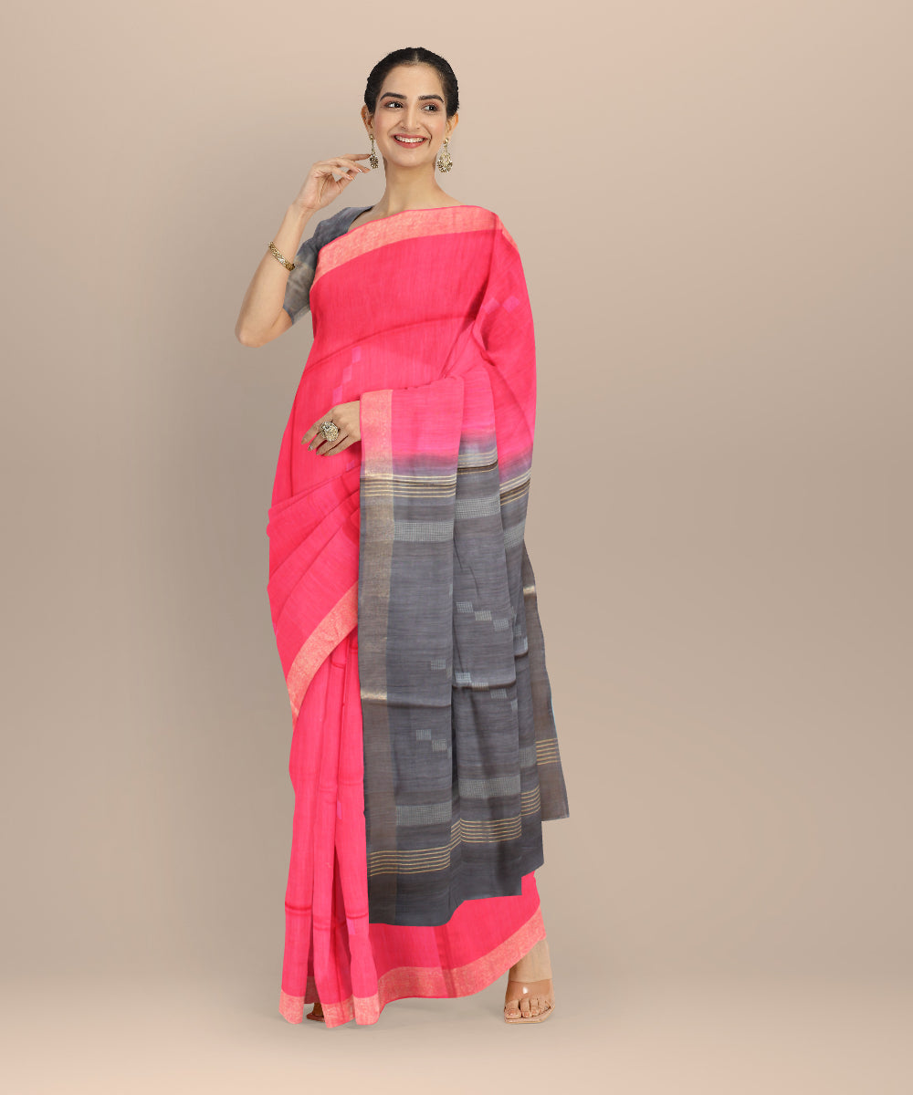 Pink grey raw silk handloom bhagalpur saree