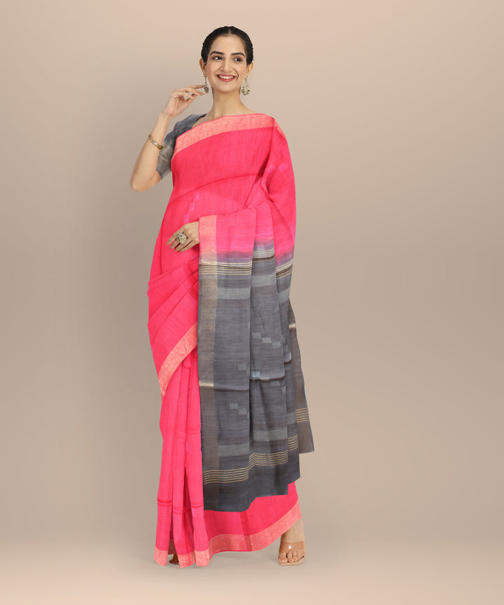 Pink grey raw silk handloom bhagalpur saree