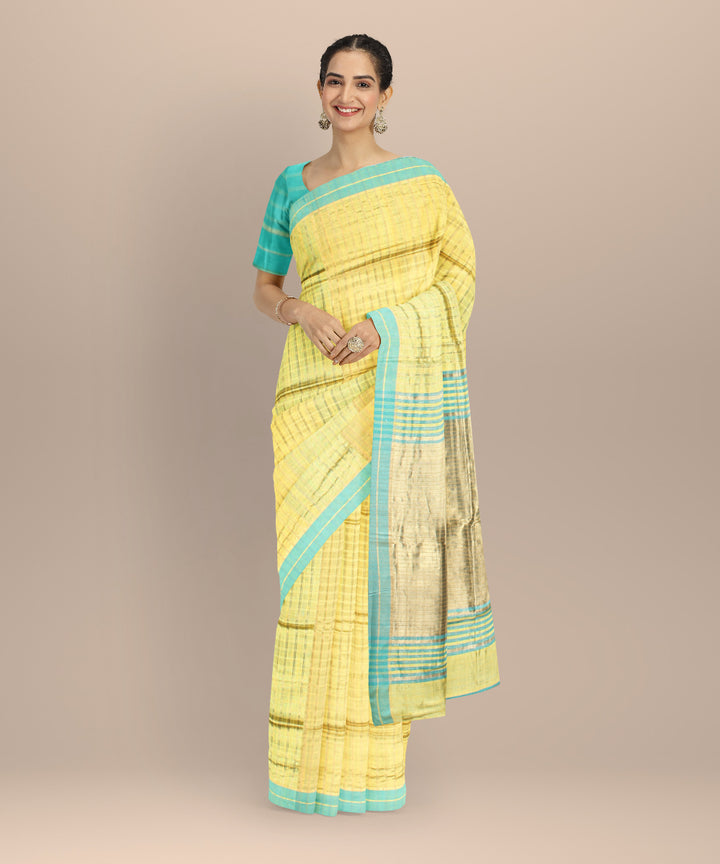 Yellow sky blue striped raw silk handloom bhagalpur saree
