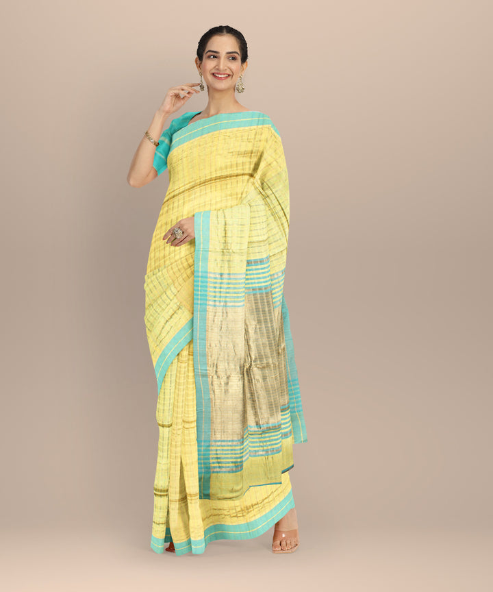 Yellow sky blue striped raw silk handloom bhagalpur saree