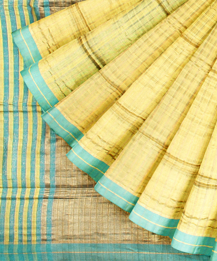 Yellow sky blue striped raw silk handloom bhagalpur saree