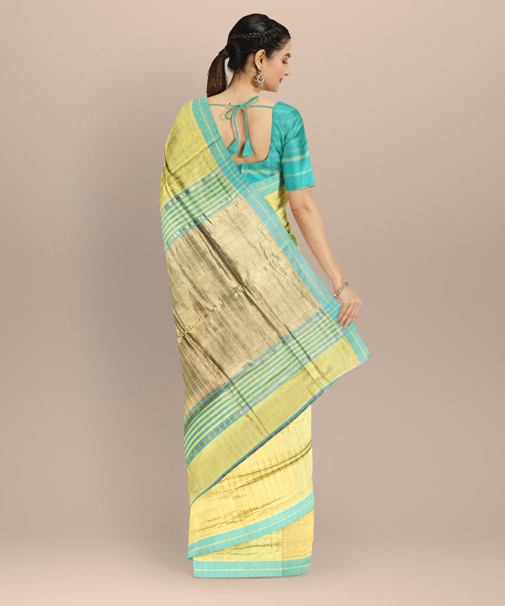 Yellow sky blue striped raw silk handloom bhagalpur saree