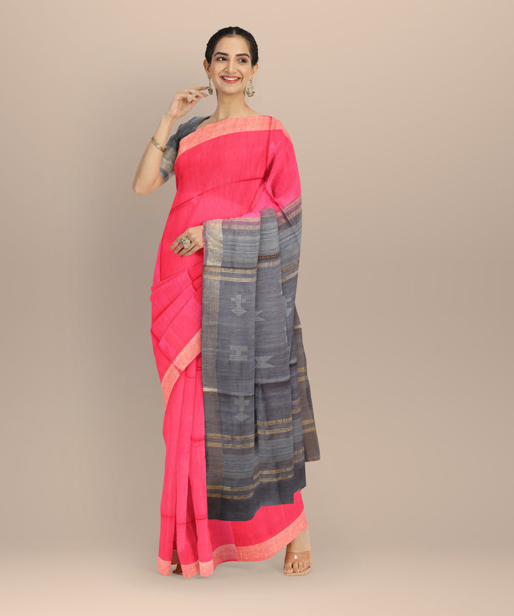 Red grey raw silk hand loom bhagalpur saree