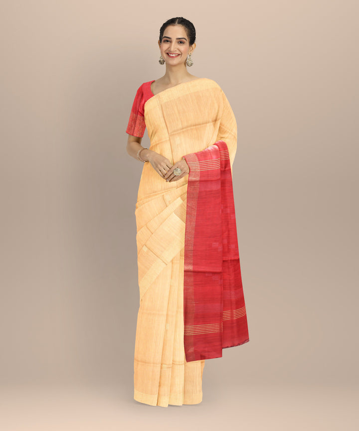 Beige maroon raw silk hand loom bhagalpur saree