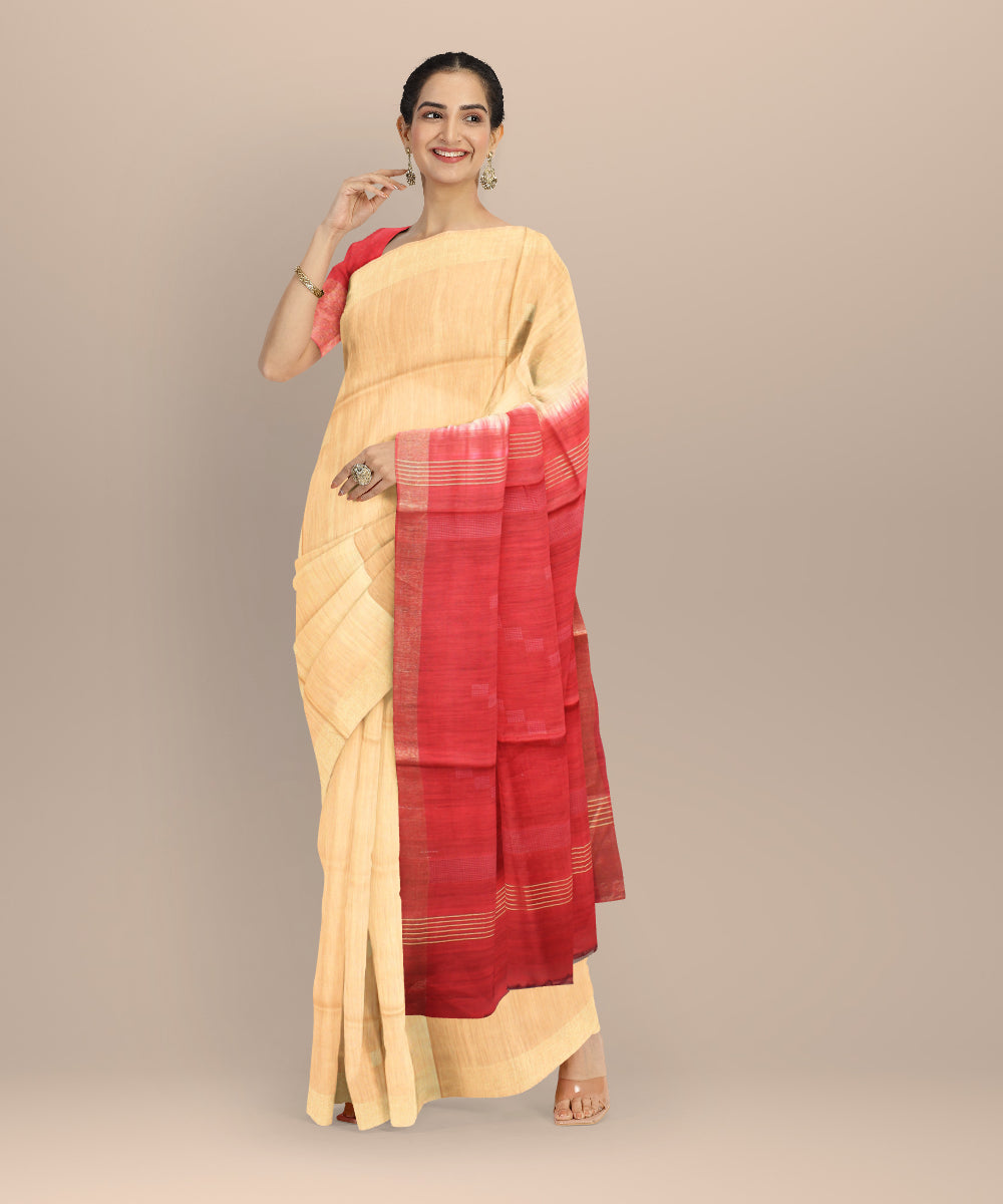 Beige maroon raw silk hand loom bhagalpur saree