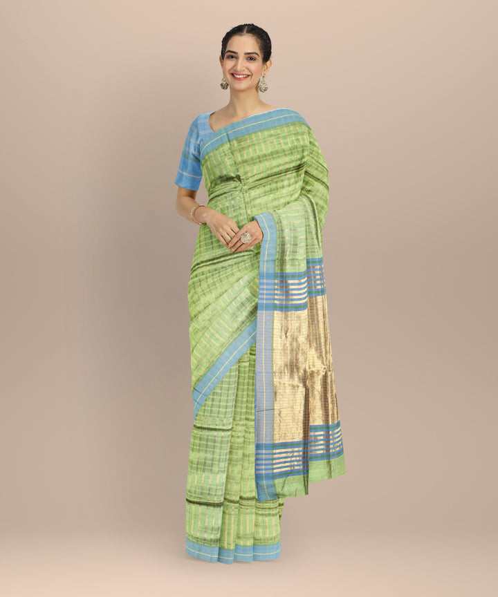 Light green gold zari raw silk handloom bhagalpur saree