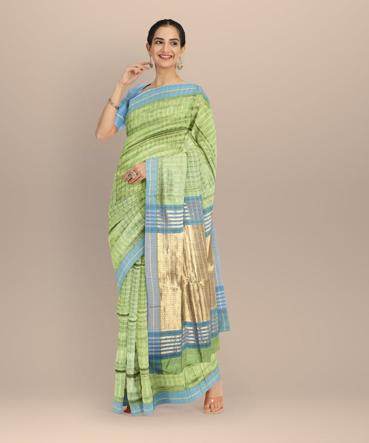 Light green gold zari raw silk handloom bhagalpur saree