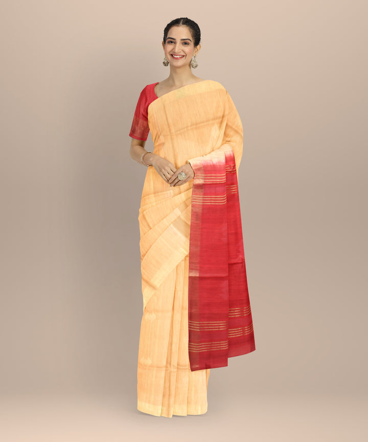 Beige maroon raw silk bhagalpur handloom saree