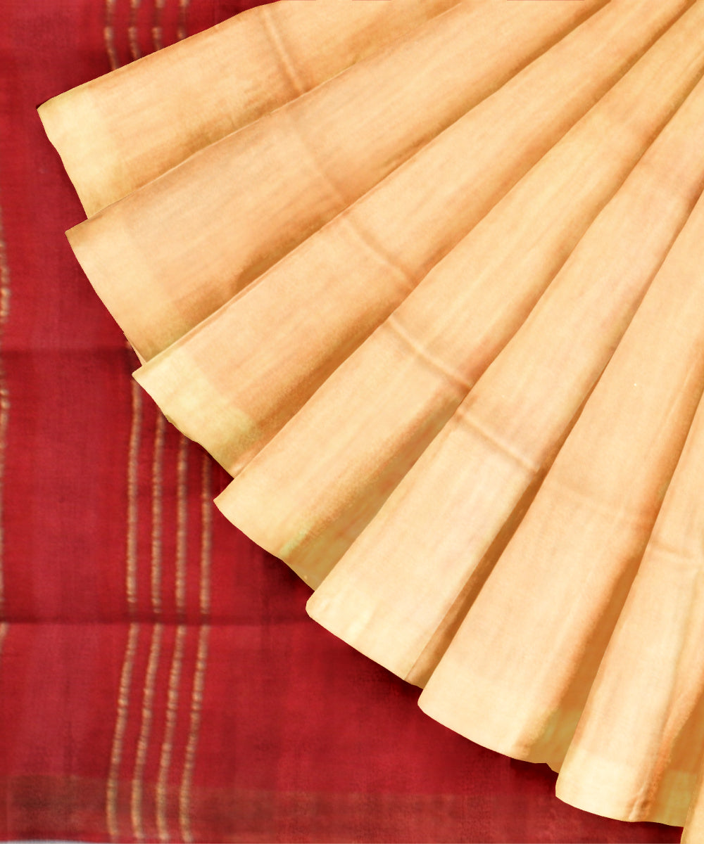 Beige maroon raw silk bhagalpur handloom saree