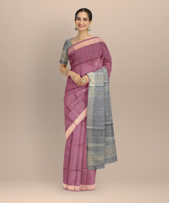 Purple grey raw silk hand loom bhagalpur saree