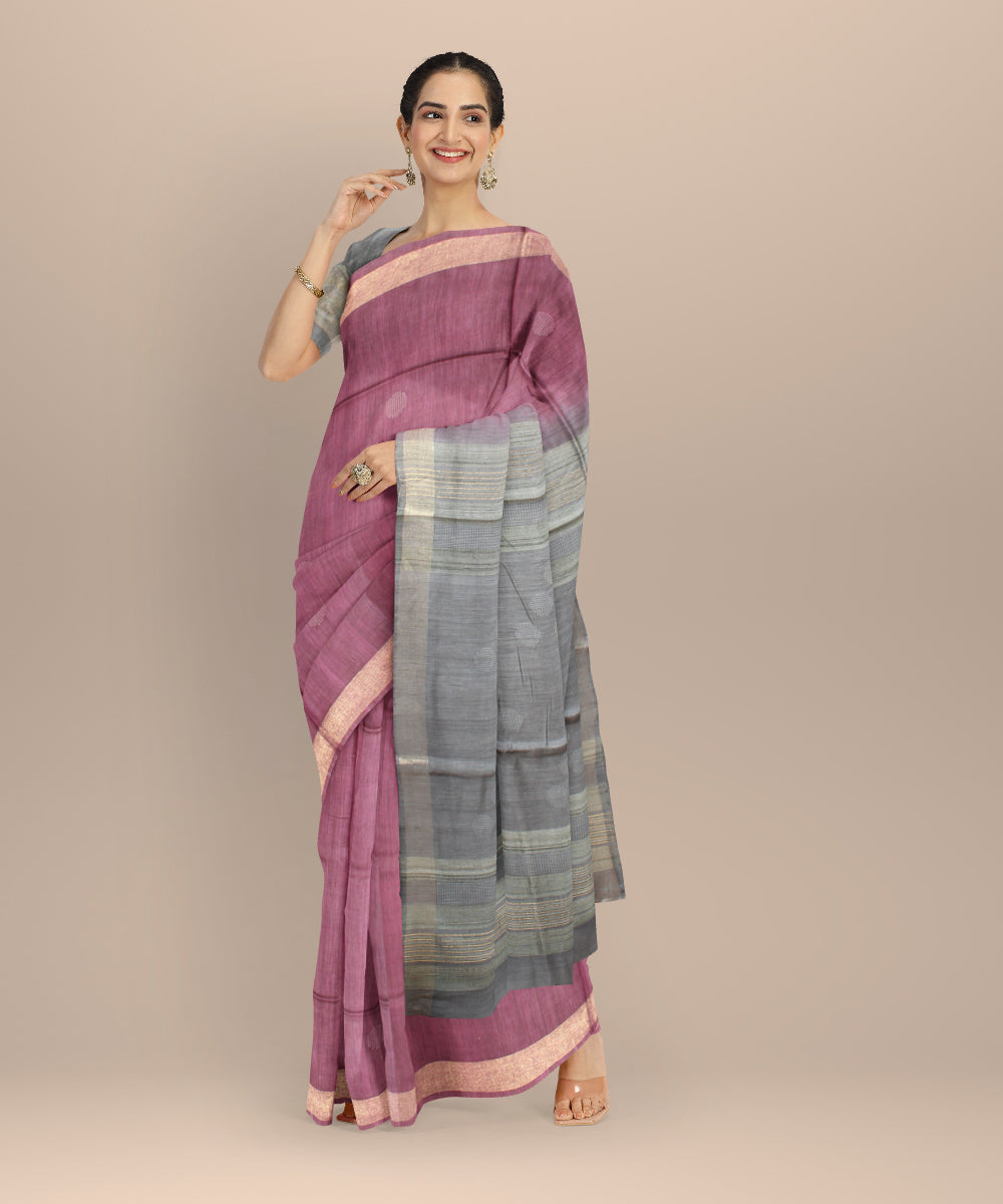 Purple grey raw silk hand loom bhagalpur saree