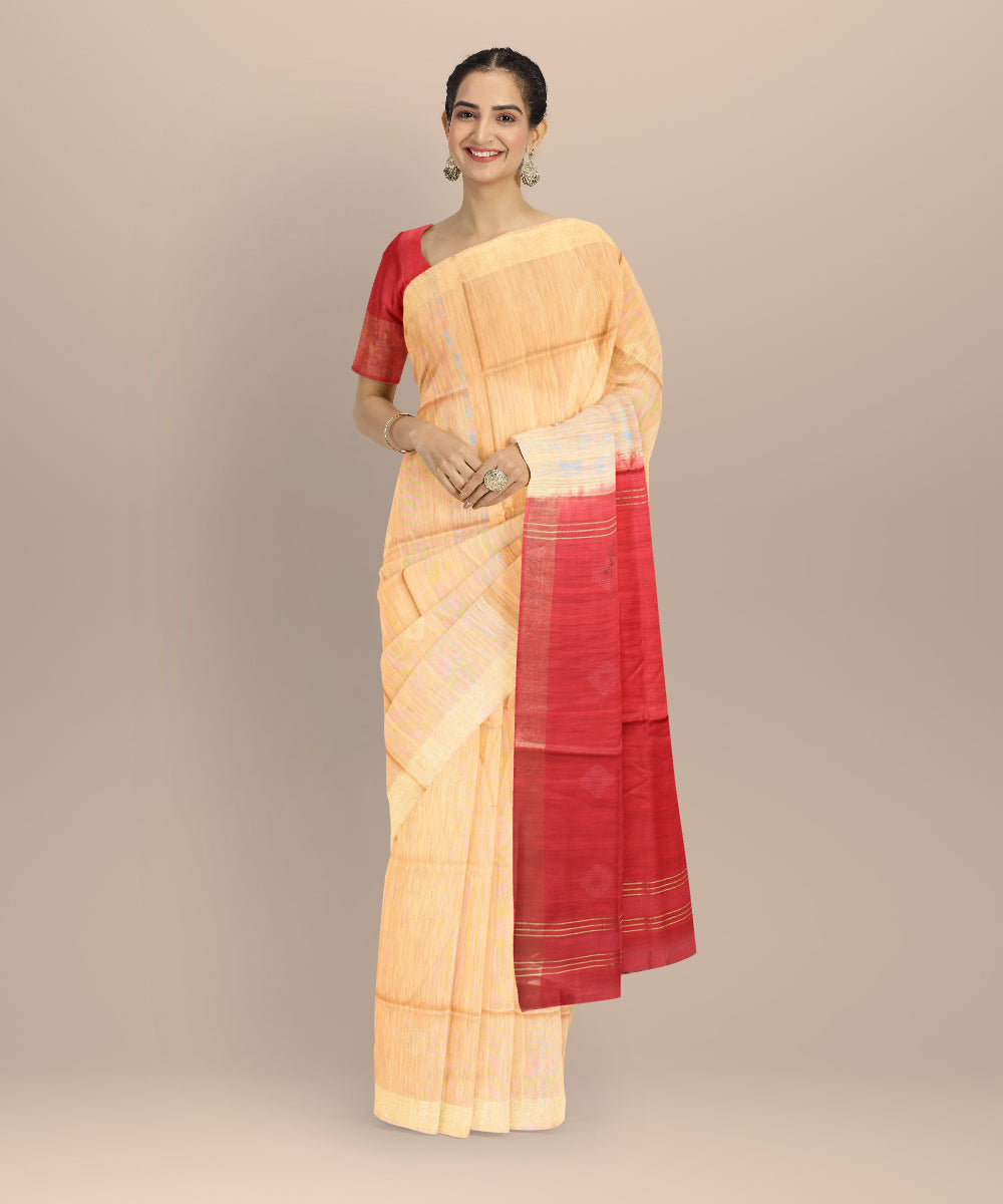 Beige maroon raw silk handwoven bhagalpur saree