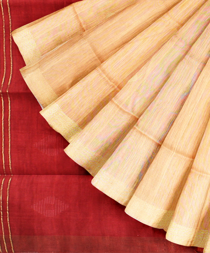 Beige maroon raw silk handwoven bhagalpur saree