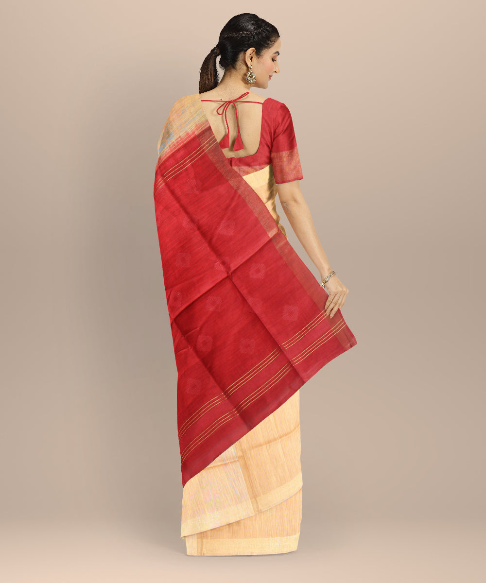 Beige maroon raw silk handwoven bhagalpur saree