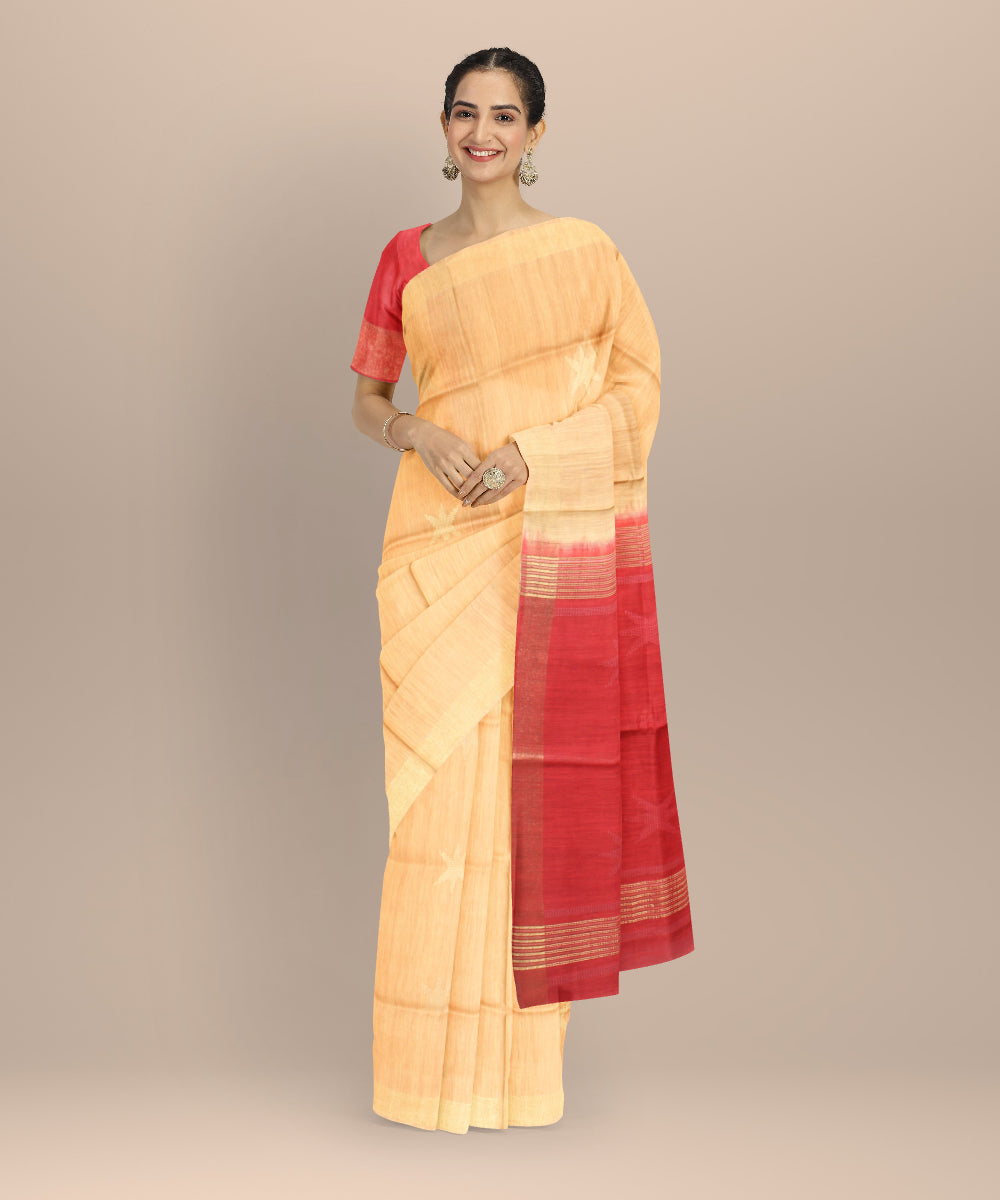 Beige maroon raw silk handloom bhagalpur saree