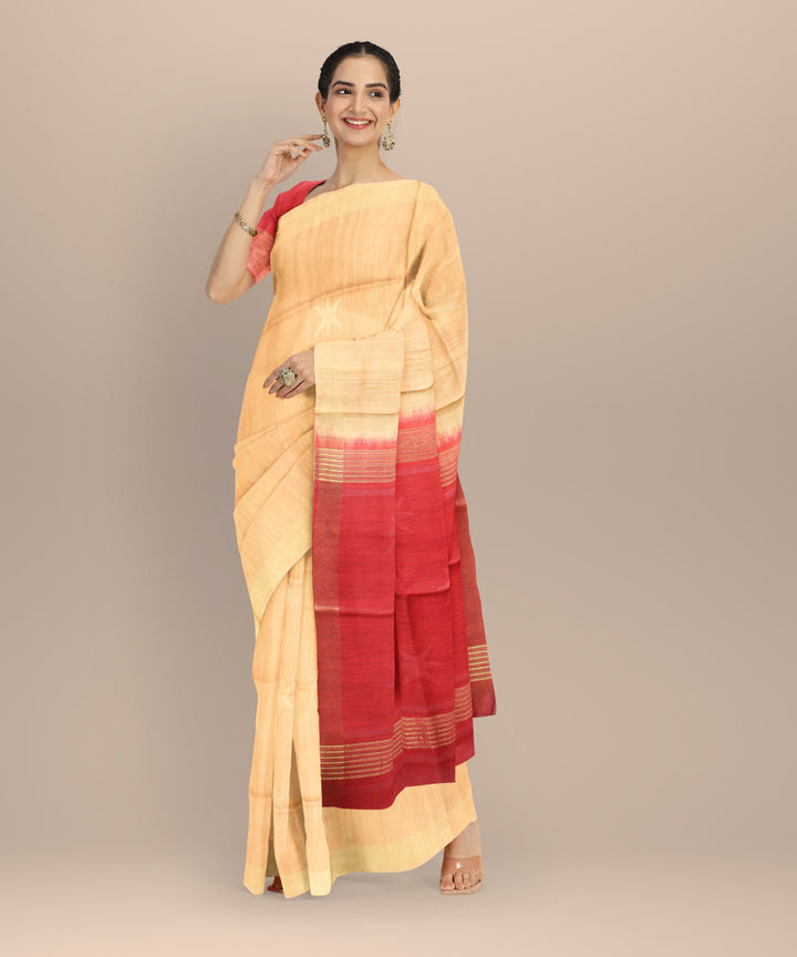 Beige maroon raw silk handloom bhagalpur saree