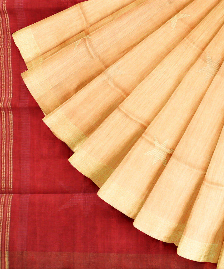 Beige maroon raw silk handloom bhagalpur saree