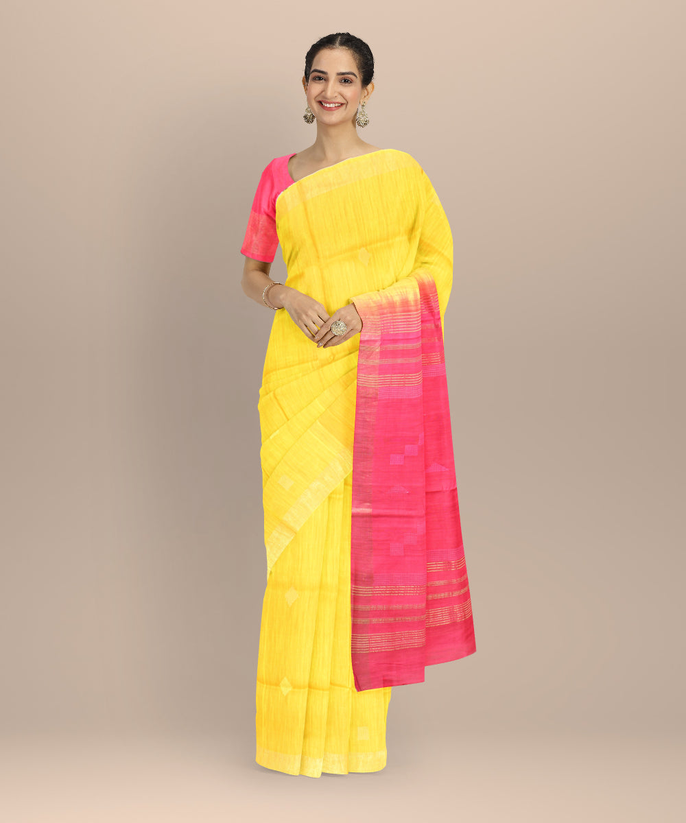 Yellow pink raw silk handwoven bhagalpur saree