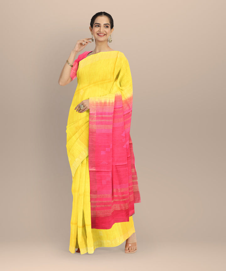 Yellow pink raw silk handwoven bhagalpur saree