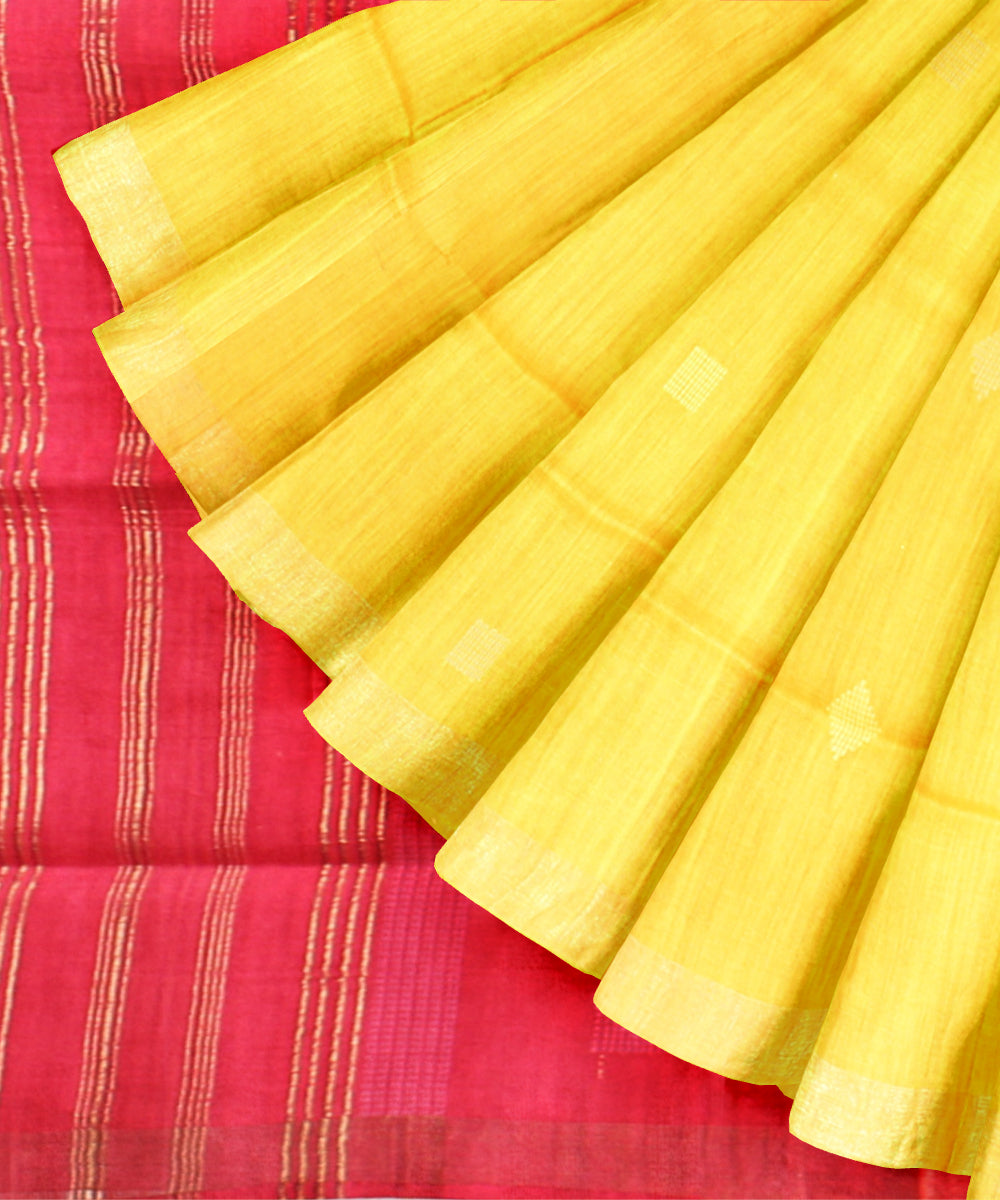 Yellow pink raw silk handwoven bhagalpur saree