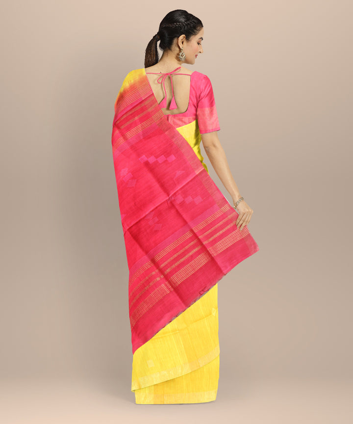 Yellow pink raw silk handwoven bhagalpur saree