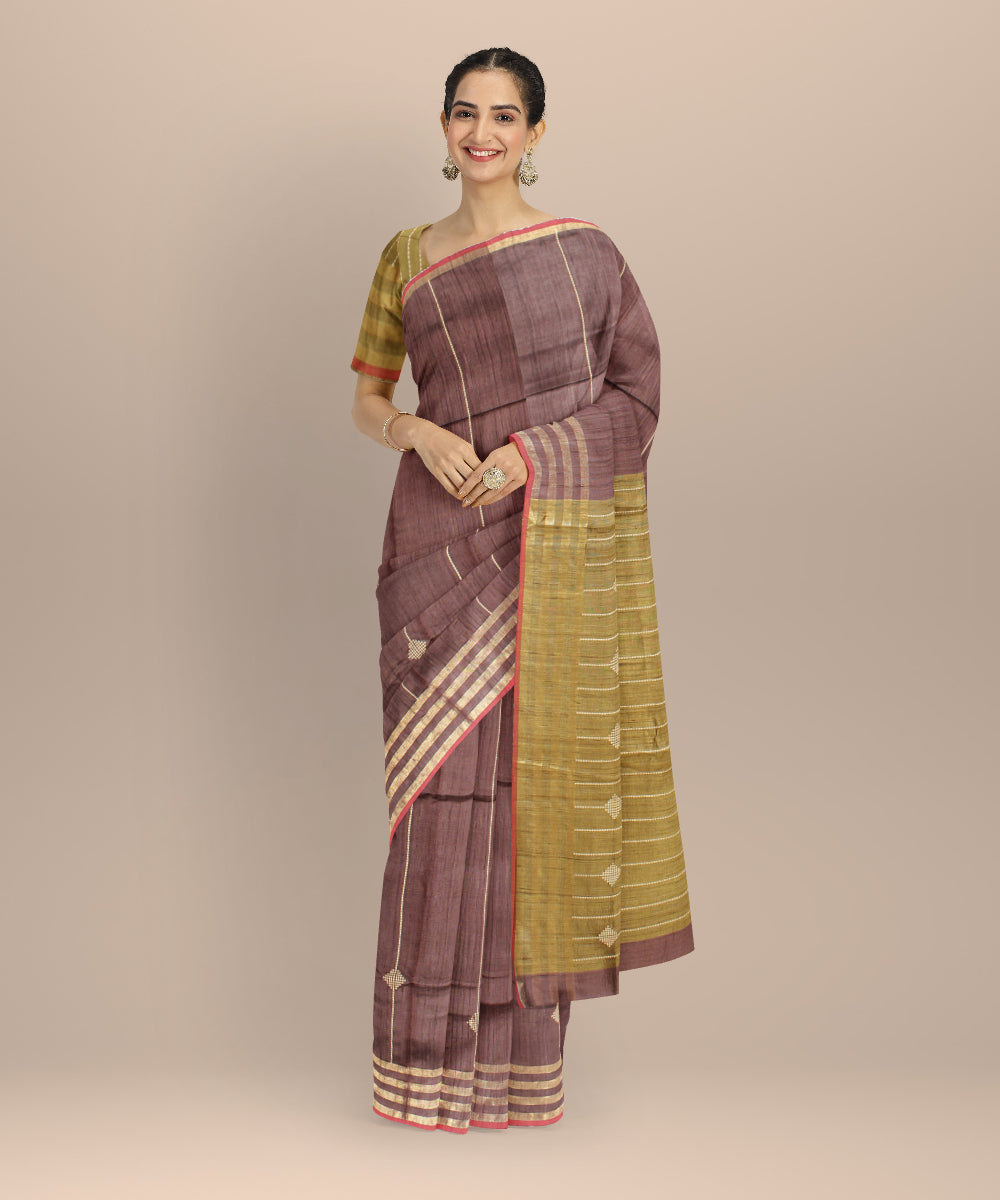 Brown olive green raw silk handloom bhagalpur saree