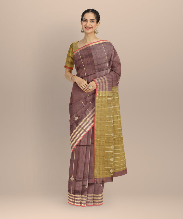 Brown olive green raw silk handloom bhagalpur saree