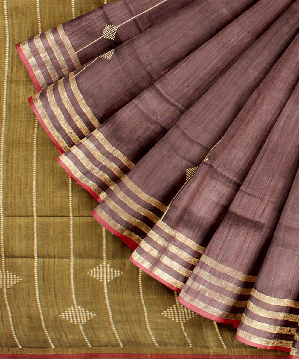 Brown olive green raw silk handloom bhagalpur saree