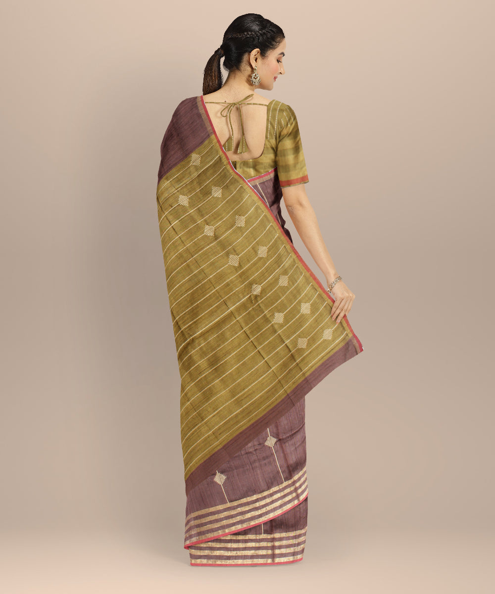 Brown olive green raw silk handloom bhagalpur saree
