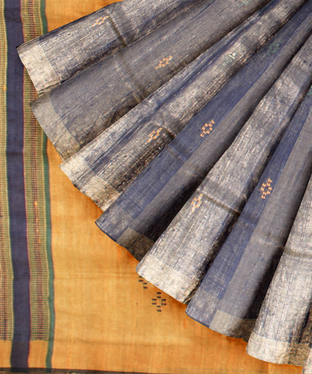 Grey beige raw silk handloom bhagalpur saree