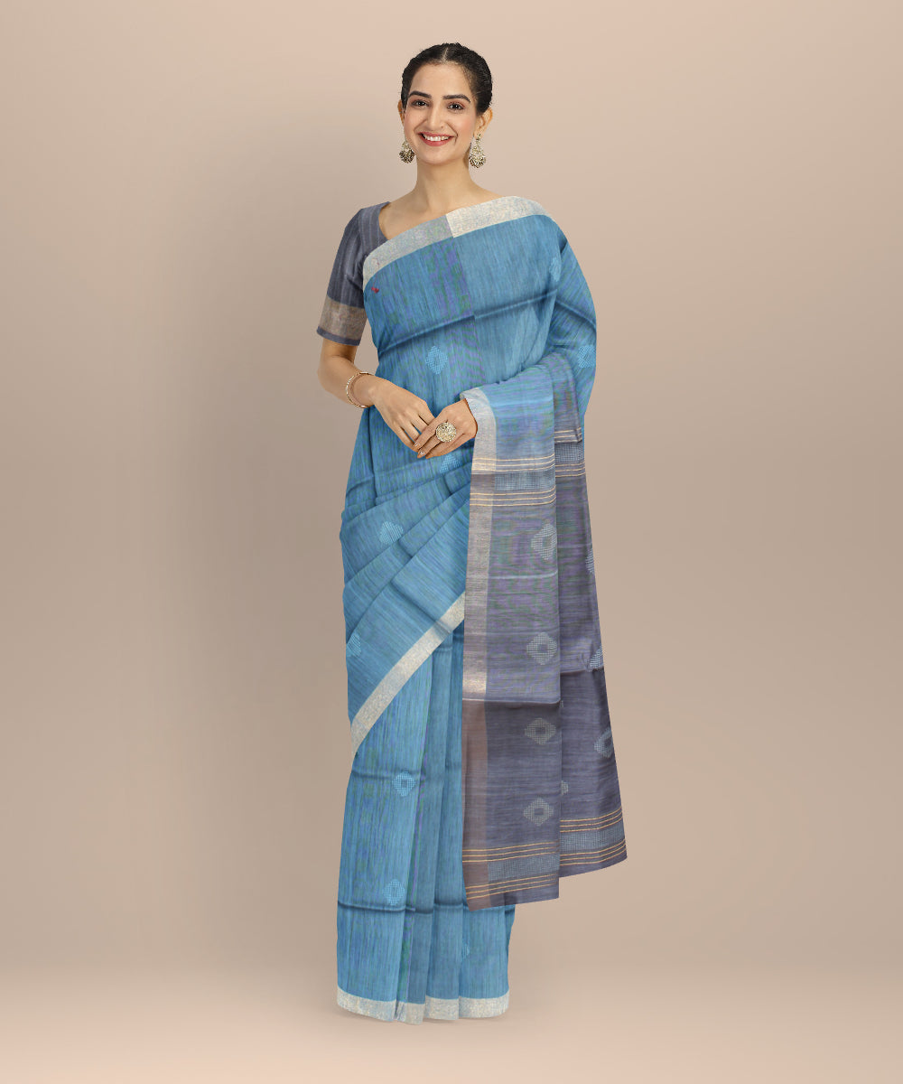 Sky blue grey raw silk handwoven bhagalpur saree
