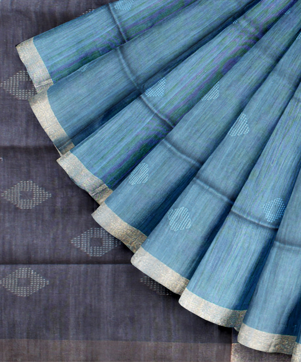Sky blue grey raw silk handwoven bhagalpur saree