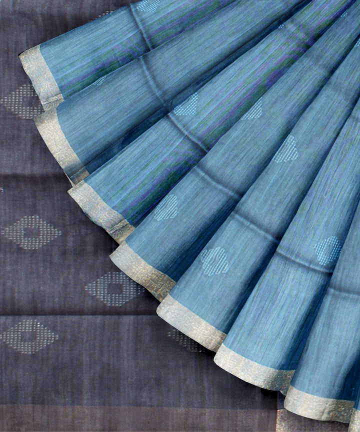 Sky blue grey raw silk handwoven bhagalpur saree