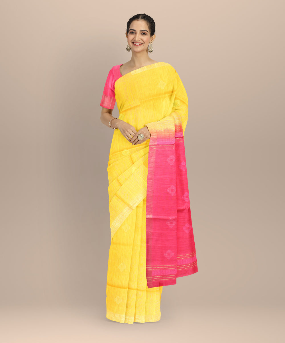 Yellow pink raw silk hand woven bhagalpur saree